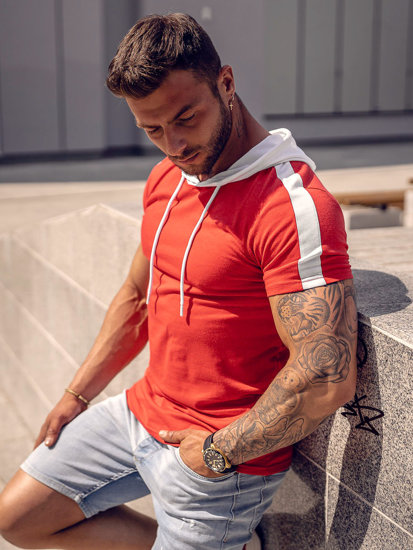 Camiseta de manga corta con capucha sin impresión para hombre rojo Bolf 8T299A