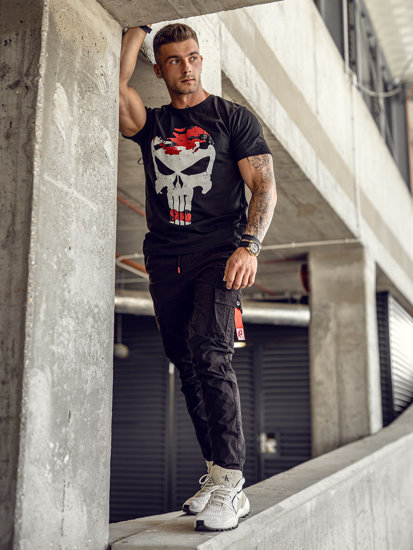 Camiseta de manga corta con impresión para hombre negro y rojo Bolf 2098A