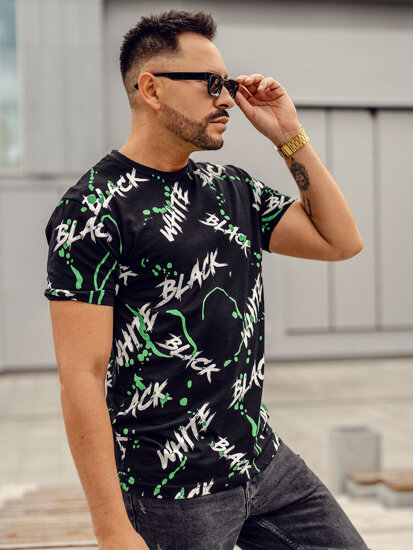 Camiseta de manga corta con impresión para hombre negro y verde Bolf 14939A