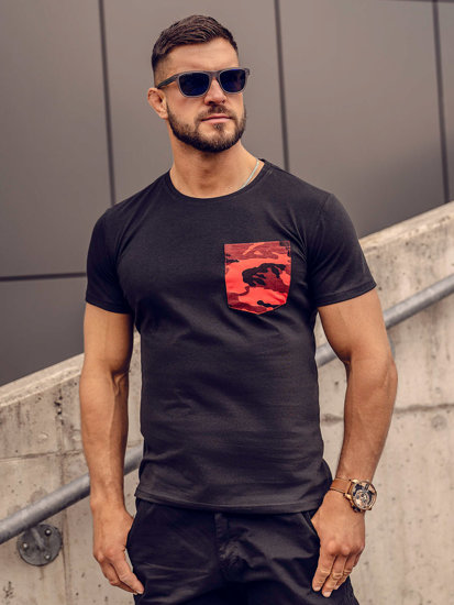 Camiseta de manga corta con impresión y bolsillo camuflaje para hombre negro y rojo Bolf 8T85A