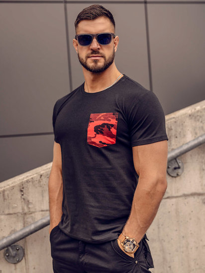 Camiseta de manga corta con impresión y bolsillo camuflaje para hombre negro y rojo Bolf 8T85A