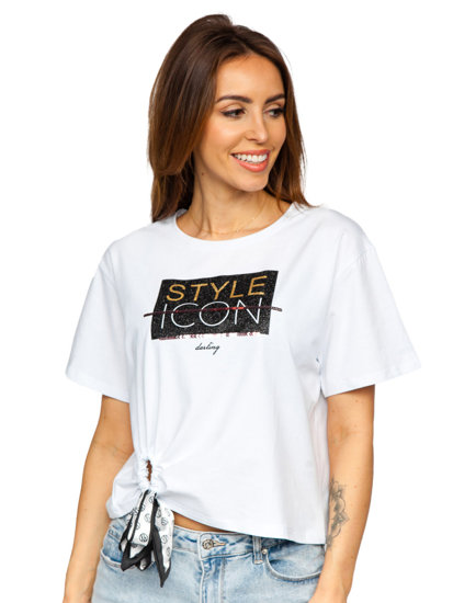 Camiseta de manga corta con lentejuelas y impresión para mujer blanco Bolf DT101