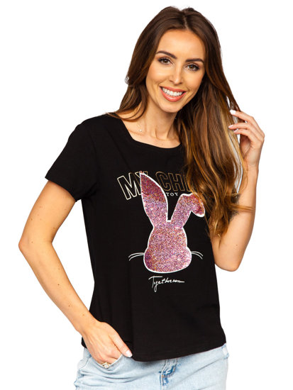 Camiseta de manga corta con lentejuelas y impresión para mujer negro Bolf DT059