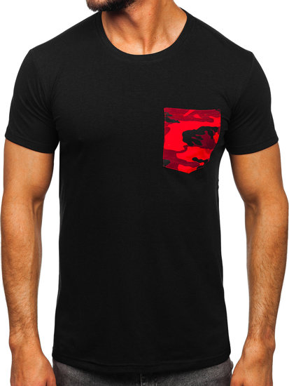 Camiseta de manga corta de camuflaje con impresión con bolsillo para hombre negro y rojo Bolf 8T85