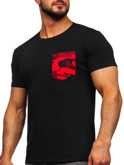 Camiseta de manga corta de camuflaje con impresión con bolsillo para hombre negro y rojo Bolf 8T85