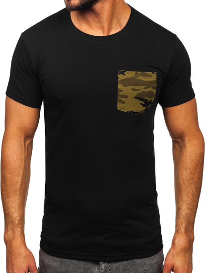 Camiseta de manga corta de camuflaje con impresión con bolsillo para hombre negro y verde Bolf 8T85