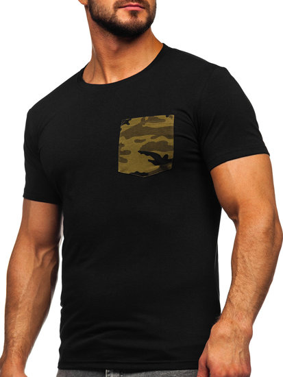 Camiseta de manga corta de camuflaje con impresión con bolsillo para hombre negro y verde Bolf 8T85