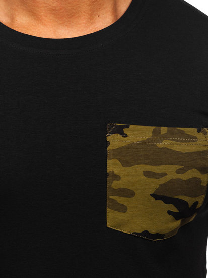 Camiseta de manga corta de camuflaje con impresión con bolsillo para hombre negro y verde Bolf 8T85