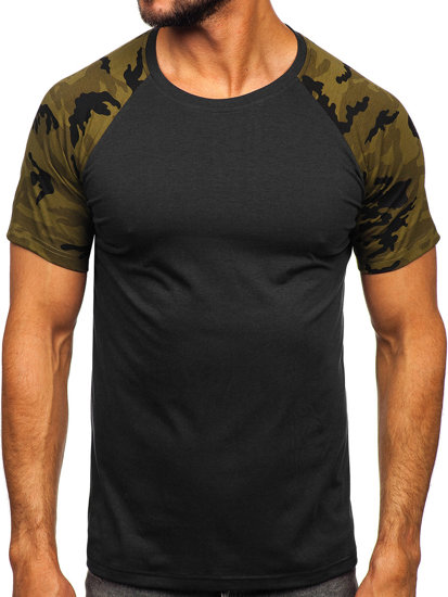 Camiseta de manga corta para hombre negro y camuflaje Bolf 8T82