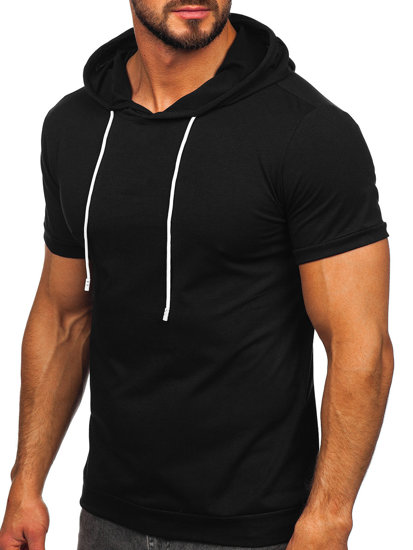 Camiseta de manga corta sin impresión con capucha para hombre negro Bolf 8T955