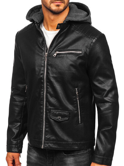 Cazadora biker de piel negra para hombre con capucha Bolf 11Z8022