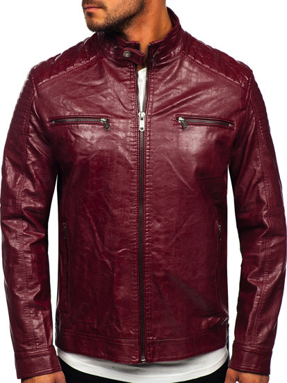 Cazadora biker de piel para hombre color burdeos Bolf 2003