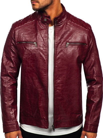 Cazadora biker de piel para hombre color burdeos Bolf 2003