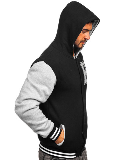 Chaqueta abierta tipo béisbol con capucha con impresión para hombre negro Bolf 07