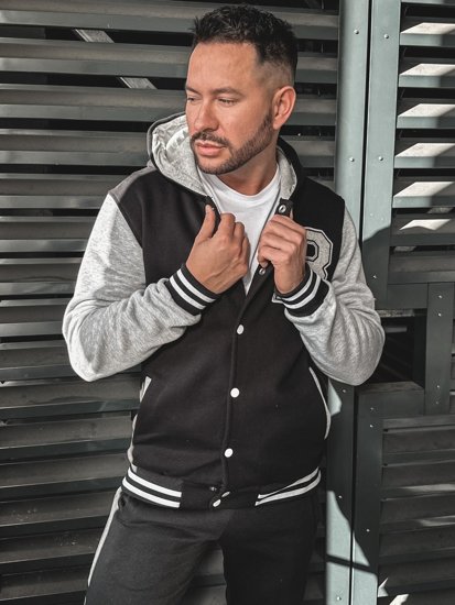 Chaqueta abierta tipo béisbol con capucha con impresión para hombre negro Bolf 07