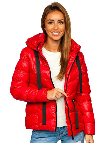 Chaqueta abrochada de invierno con capucha para mujer color rojo Bolf 23066