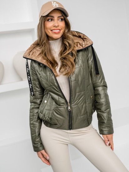 Chaqueta acolchada de entretiempo con capucha para mujer caqui Bolf B8219