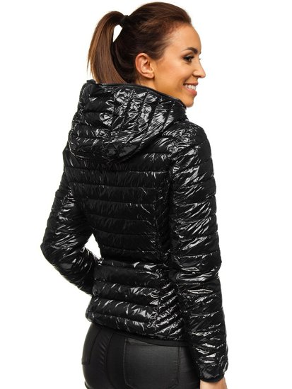 Chaqueta acolchada de entretiempo negra para mujer con capucha Bolf R9546