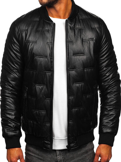 Chaqueta acolchada de invierno bomber de cuero para hombre negro Bolf 11Z8099