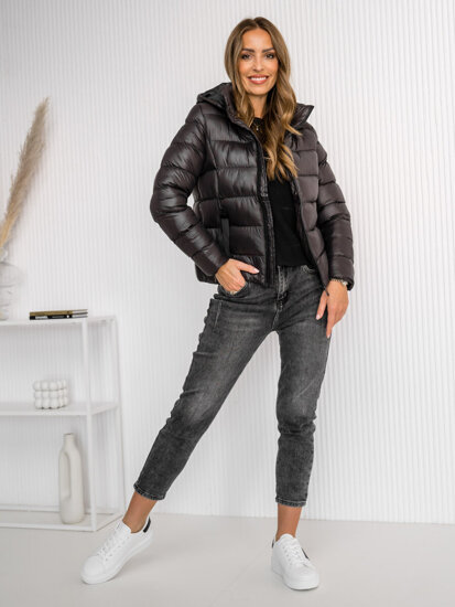 Chaqueta acolchada de invierno con capucha para mujer negro y chocolate Bolf 5M782