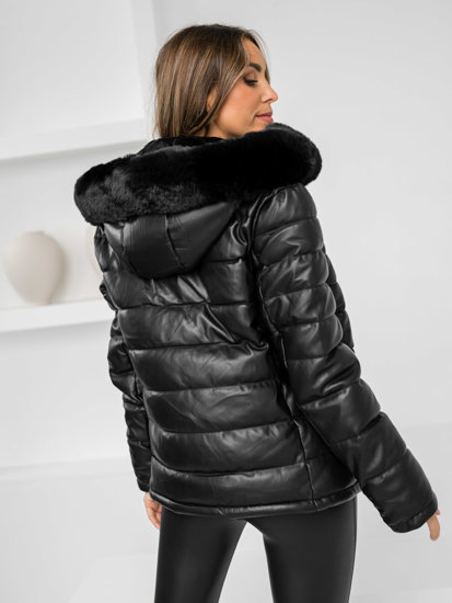 Chaqueta acolchada de invierno de cuero con capucha para mujer negro Bolf 11Z8070