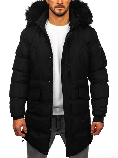 Chaqueta acolchada larga de invierno con capucha para hombre negro Bolf 8011