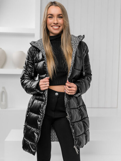 Chaqueta acolchada larga reversible abrigo de invierno con capucha para mujer negro Bolf B8070