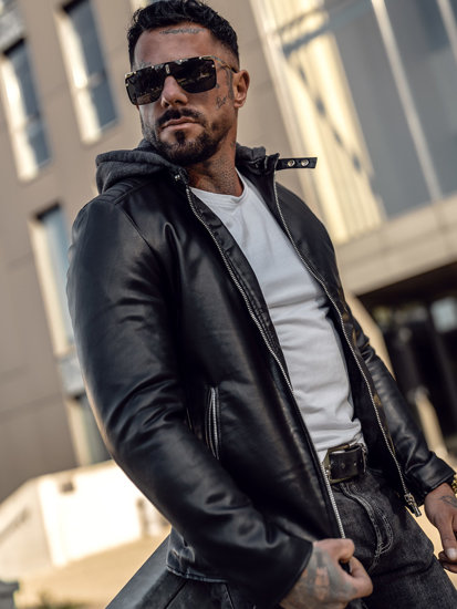 Chaqueta biker de cuero con capucha para hombre negro Bolf 11Z8012