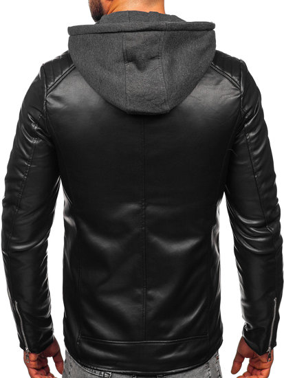 Chaqueta biker de cuero con capucha para hombre negro Bolf 11Z8012-A