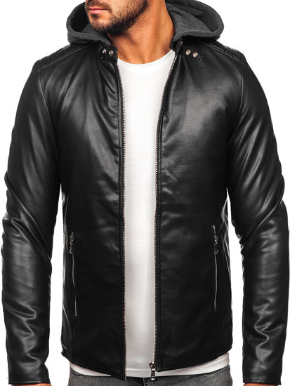 Chaqueta biker de cuero con capucha para hombre negro Bolf 11Z8012-A