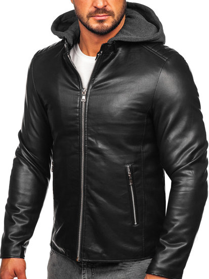 Chaqueta biker de cuero con capucha para hombre negro Bolf 11Z8012-A