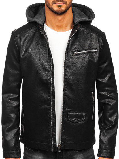 Chaqueta biker de cuero con capucha para hombre negro Bolf 11Z8022