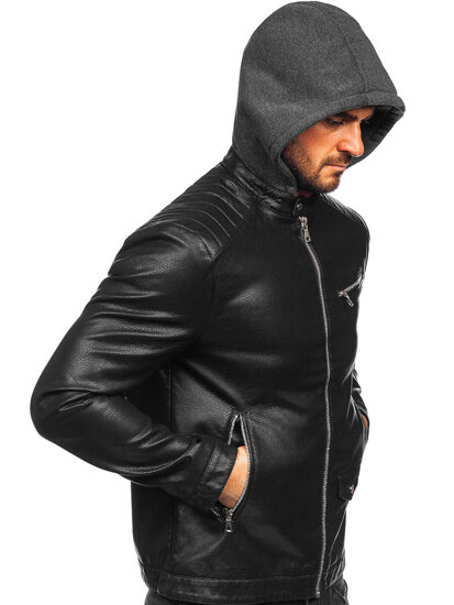 Chaqueta biker de cuero con capucha para hombre negro Bolf 11Z8022