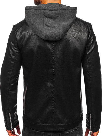 Chaqueta biker de cuero con capucha para hombre negro Bolf 11Z8022