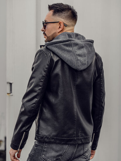 Chaqueta biker de cuero con capucha para hombre negro Bolf 11Z8022