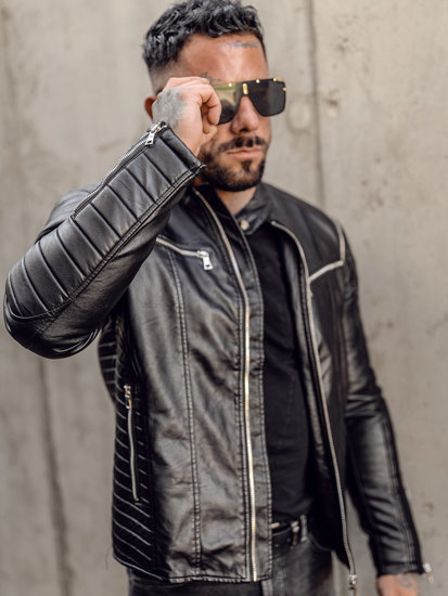 Chaqueta biker de cuero con mangas extraíbles para hombre negro Bolf 11Z8011