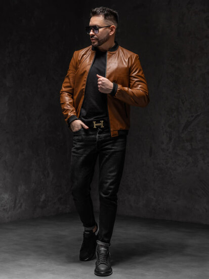 Chaqueta bomber de cuero para hombre marrón Bolf 6803A1