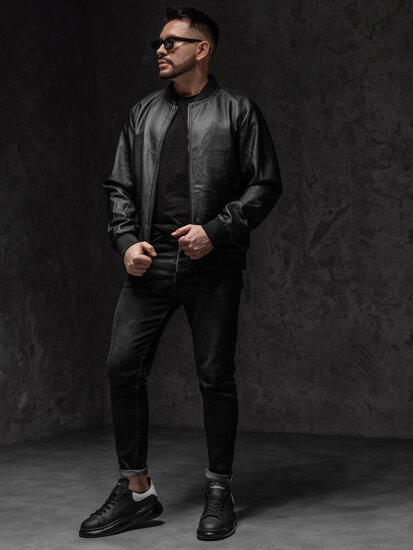 Chaqueta bomber de cuero para hombre negro Bolf 3A66A1