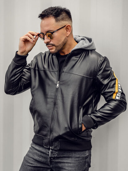 Chaqueta de cuero con capucha para hombre negro y amarillo Bolf HY614