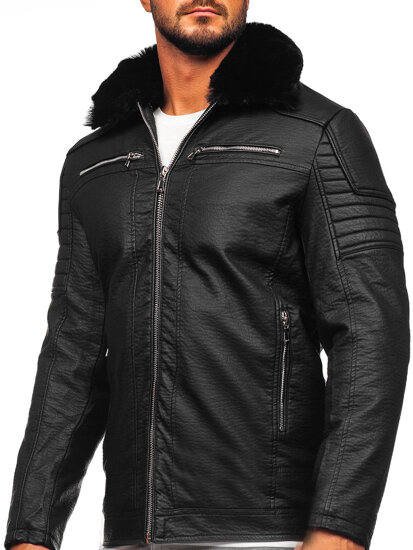 Chaqueta de cuero con pelo para hombre negro Bolf 11Z8013