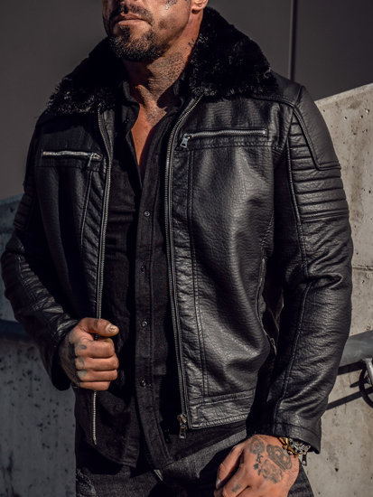 Chaqueta de cuero con pelo para hombre negro Bolf 11Z8013