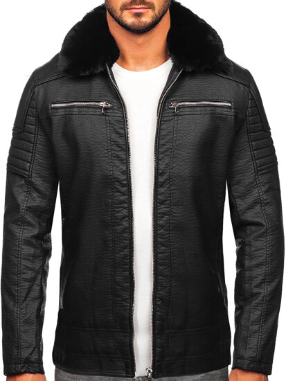 Chaqueta de cuero con pelo para hombre negro Bolf 11Z8013