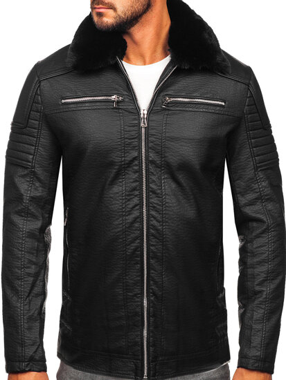 Chaqueta de cuero con pelo para hombre negro Bolf 11Z8013