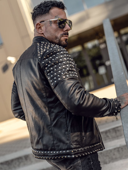 Chaqueta de cuero con remaches para hombre negro Bolf 11Z8007