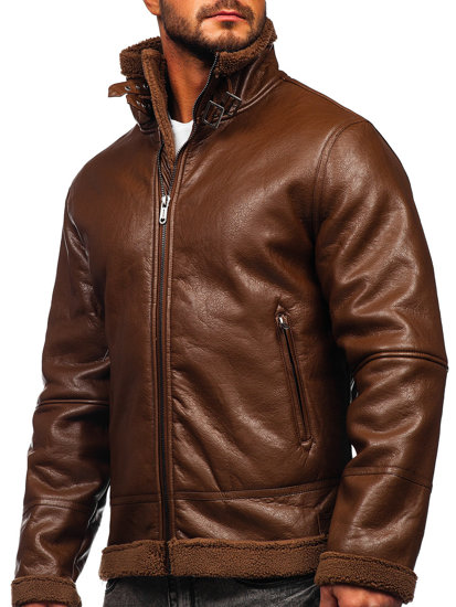 Chaqueta de cuero forrada con borrego para hombre marrón Bolf EX930