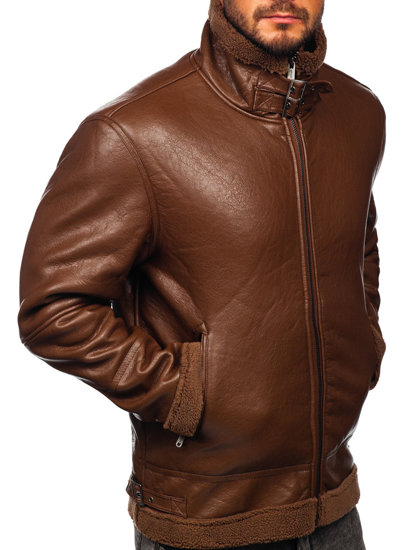 Chaqueta de cuero forrada con borrego para hombre marrón Bolf EX930