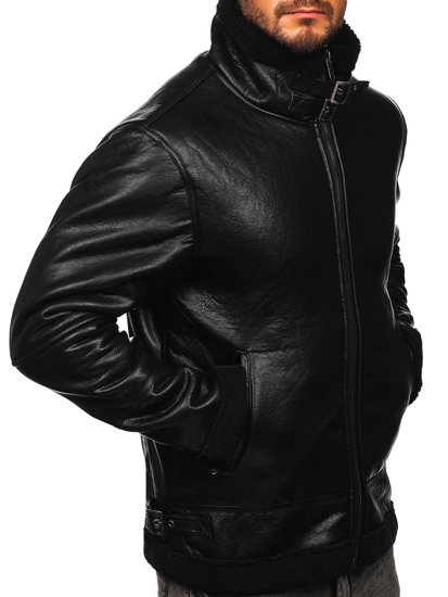 Chaqueta de cuero forrada con borrego para hombre negro Bolf EX930