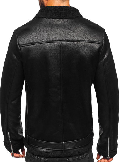 Chaqueta de cuero negra para hombre con abrigo de piel de oveja Bolf 11Z8006