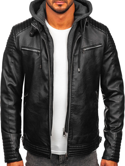 Chaqueta forrada de cuero con capucha para hombre negro Bolf 11Z8063