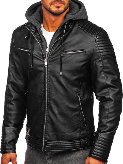 Chaqueta forrada de cuero con capucha para hombre negro Bolf 11Z8063